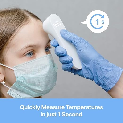 A no-touch forehead thermometer measuring a baby's temperature from a short distance, showing a 1-second reading.